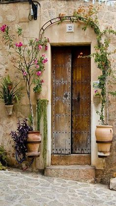 an old stone building with potted plants and flowers on the outside wall, along with a wooden door