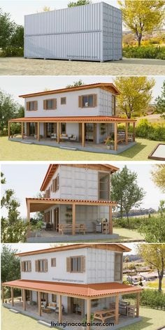 three different views of a house made out of shipping containers, with the roof open