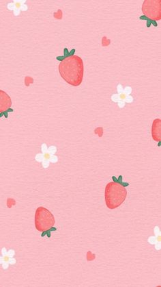 a pink background with hearts and strawberries on it