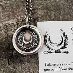 Simple Silver Pendant Necklace, Talk To The Moon, Crescent Moon Wreath, Moon Wreath, Silver Moon Necklace, Wax Seal Pendant, Seal Necklace, Wax Seal Jewelry, Wax Seal Necklace