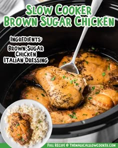 slow cooker brown sugar chicken recipe in the crock pot with rice and garnish