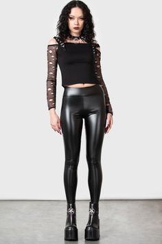 Haunted Vampiress Leggings | Killstar Leather Leggings Fashion, 2010 Fashion, Gothic Models, Shiny Pants, Black Milk Clothing, Shiny Leggings, Metal Girl, Gothic Girls, Leather Trousers