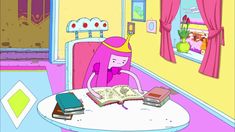 a cartoon character sitting at a table reading a book