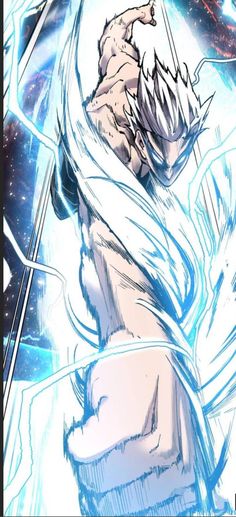 an anime character with long white hair and blue eyes, standing in front of a star filled sky