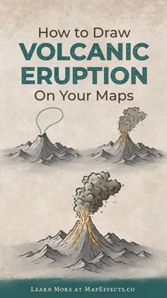 How to draw a volcanic eruption on your fantasy maps. New cartography tutorial. Volcano Map Drawing, What To Add To Your Fantasy Map, How To Draw Cities On Fantasy Maps, Fantasy Drawing Tutorial, Fantasy Map Volcano, Art Maps Ideas, How To Draw An Island, How To Draw A Volcano, Fantasy Map Making Drawing Tutorials