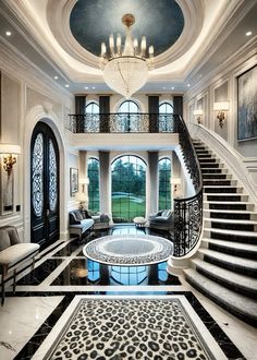 an elegant foyer with marble flooring and chandelier above the staircase leading to another room