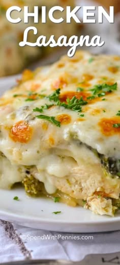 chicken lasagna on a plate with cheese and parsley