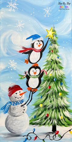 an acrylic painting of three penguins decorating a christmas tree