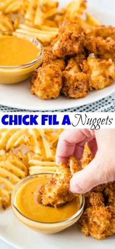 two pictures of chicken nuggets with dipping sauce on them and the words, chick fia nuggets