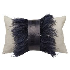 a black and white feather pillow on a white background with a gray stripe down the middle