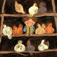 a drawing of a boy standing in front of chickens on a wooden shelf with other chickens