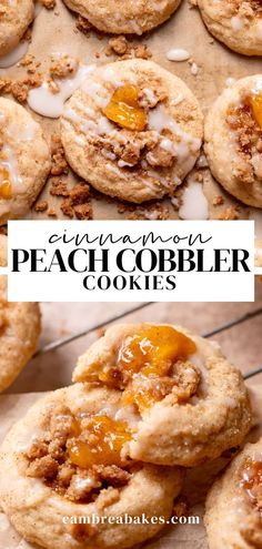 cinnamon peach cobbler cookies on a cooling rack with text overlay that reads, cinnamon peach cobbler cookies