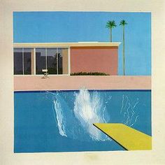 a painting of a house with a pool in the foreground and palm trees behind it