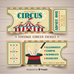 two circus ticket templates with an image of a magician's hat and top hat