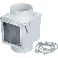 a white ventilator sitting next to a hose and an electrical outlet on a white background