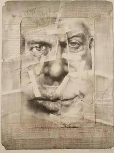 an image of a man's face made out of newspaper strips and torn paper