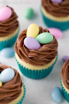 several cupcakes with chocolate frosting and colored eggs