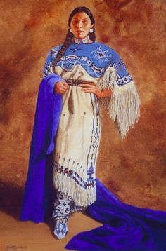 a painting of a native american woman in blue and white clothing with her hands on her hips