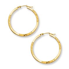 A fashion-forward twist on a jewelry staple, these 14K yellow gold hoop earrings for her feature a pretty etched motif. The earrings secure with hinged backs. Jewelry Staples, Jewelry Advice, Accessories Jewelry Earrings, Gold Hoops, Gold Hoop, Earring Backs, Gold Hoop Earrings, Cultured Pearls, Designer Earrings