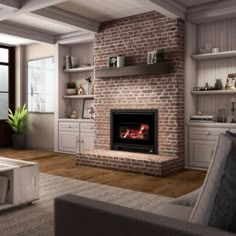 a living room filled with furniture and a fire place in the middle of it's fireplace