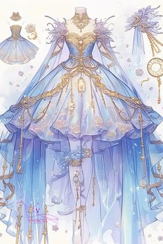 an illustration of a blue dress with gold trimmings and jewels on the skirt