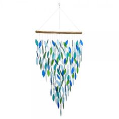 a wind chime with blue and green leaves hanging from it