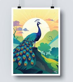 a poster with a peacock standing on top of a hill