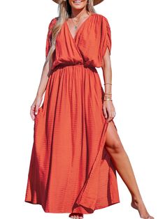 PRICES MAY VARY. [Premium Fabric]:52% Rayon, 48% Polyester [Unique Design]:This figure-flattering woven maxi dress is sure to turn heads with its cinched waist, surplice neckline, ruched dolman sleeves, and a flowing silhouette. [Perfect Sizing]: Available in S, M, L, XL. (S=4-6, M=8-10, L=12-14, XL=16-18). Please refer to our size chart for specific measurements to achieve the perfect fit.Model Wearing Size: Height: 5‘ in / 173 cm,Bust: 33.5 in / 85 cm,Waist: 23.5 in / 60 cm Hips: 35 in / 89 cm Ruched Maxi Dress, Summer Sundress, Maxi Sundress, Petal Sleeve, Vestido Plus Size, Elegant Maxi Dress, Maxi Robes, Stretch Dress, Outfit Casual