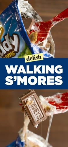 a bag of walking s'mores on top of a wooden table next to a candy bar