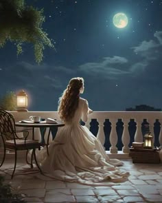 a woman sitting on a balcony looking at the moon in the night sky with her back to the camera