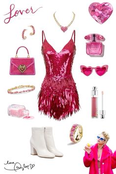 a pink outfit and accessories are arranged in the shape of a heart