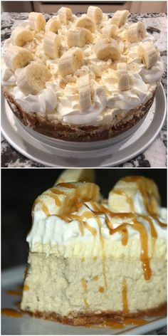 two different types of cheesecakes with bananas on top