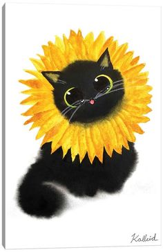 a painting of a black cat with a sunflower on its head canvas art print