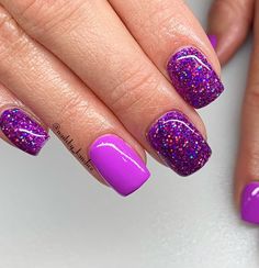 Purple Powder Dip Nails, Pink Variety Nails, Pink Nails With Polka Dot Accent, Nail Art Spring Designs, Trendy Short Acrylic Nails Square, Happy Nail Colors, Valentines Nails Purple And Pink, Rave Nails Designs Short, Purple Powder Dipped Nails