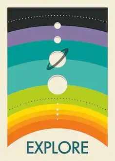 an image of a poster with the words explore on it and planets in the sky