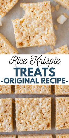 rice krispy treats with text overlay that reads rice krispie treats original recipe