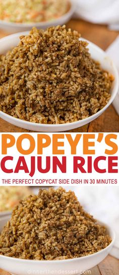 the recipe for poppy's cajun rice is shown in three bowls