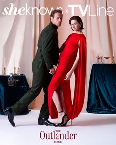 a man and woman dressed in red pose for the cover of sheknow's tv line magazine