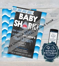 "Baby Shark doo doo doo Birthday party! Baby Boy Shark Birthday invitation. ANY AGE! Set up for First Birthday or Shark turning one, but editable! Ahoy! A little Shark Bite is having a birthday! Make a Splash with this Blue Shark theme Birthday Invite! Set the bar high and WOW your guests with a Magical, Unique Custom and Personalized digital editable printable template invitation! ❄ FREE DEMO BEFORE YOU BUY! ❄ Copy and paste the demo URL see the range of editing: https://www.corjl.com/orders/de Shark Birthday Invitation, Shark Party Favors, Shark Baby Shower, Shark Week Party, Shark Birthday Invitations, Baby Shark Birthday, Tooth Fairy Letter, Baby Shark Doo Doo, Printable Favor Tags