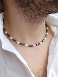 Mens pearl necklace,Real pearl beaded y2k choker,Surfer gemstone hematite choker,Boyfriend gift ideas,y2k pearl necklace men by JewelryByElisForMen on Etsy