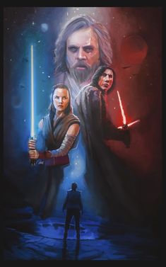 the poster for star wars, featuring luke and leion with lightsabens in the background