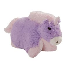 a purple stuffed animal laying on top of a white floor