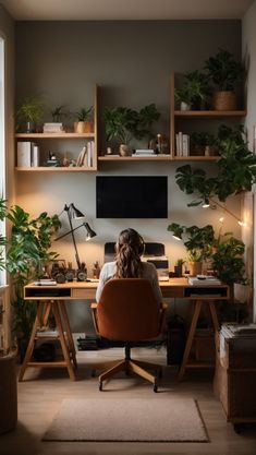 a woman sitting at a desk in front of a computer monitor with plants on the shelves