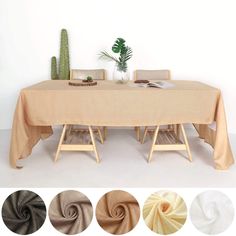 an image of a table setting with different color options for the table cloth and chair covers