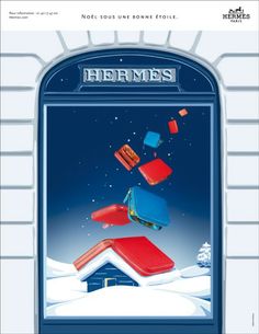 an advertisement for marmes in front of a building with snow on the ground and flying objects