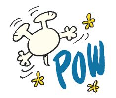 the word pow is written in blue and yellow with an image of a cartoon turtle