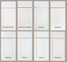 six different types of kitchen cabinet doors with names on the front and side paneling