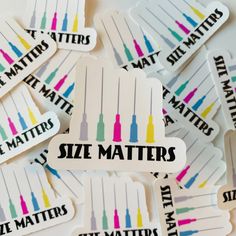 stickers that say size matters with different colors and sizes on them in the shape of bottles