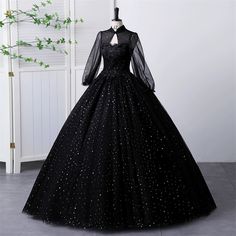 Black High Neckline Long Sleeves Tulle Sweet 16 Dress, Black Ball Gown Formal DressMaterial:tulleColor:As shown in figure color or custom colorBack details:lace -upDress type:ball gownneckline:high neckStyle:sweet&ltp&gtFeatures:shiny&lt/p&gt&ltbr/&gt&ltp&gtThis dress could be custom made, there are no extra cost to do custom size and color.&lt/p&gt&ltbr/&gt&ltp&gt1, If the color is customized, please note the color & card number.&lt/p&gt&ltbr/&gt&ltp&gt2,You can choose standard size or custom s Black Long Sleeve Ball Gown, Yule Ball Dress Black, Black Tulle Ball Gown For Party, Black Evening Dress With Sheer Bodice For Banquet, Black Organza Evening Dress For Prom, Black Ball Gown Evening Dress With Lace Bodice, Black Evening Dress With Fitted Bodice And Tulle Skirt, Black Lace Ball Gown For Party, Black Tulle Gown For Wedding