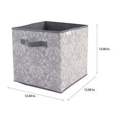 the fabric storage bin is shown with measurements